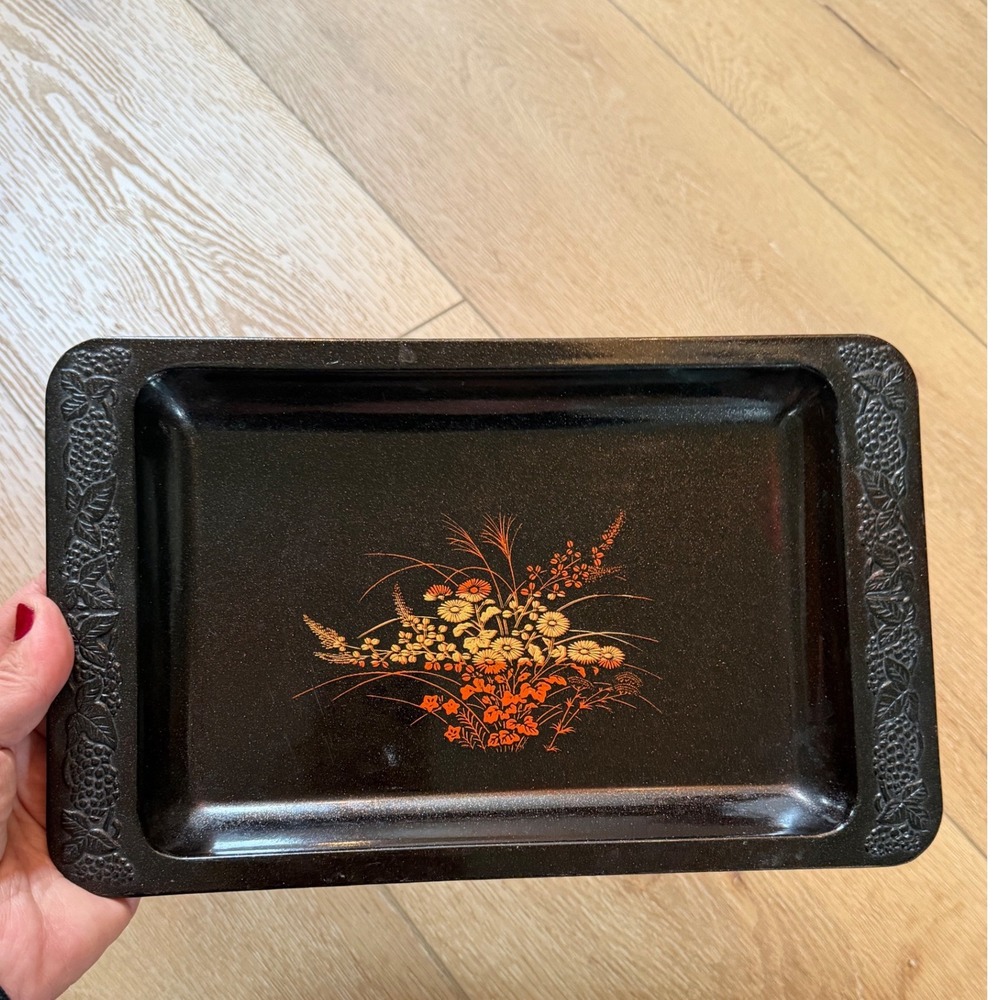 Vintage Japanese Lacquerware Tray Black Floral Gold Orange Grape Border 10.5in